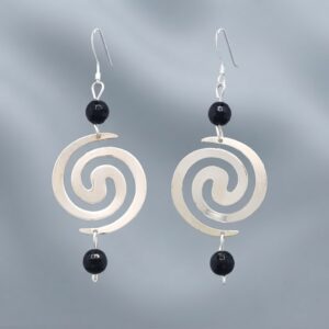 Spiral Earrings with Two Black Onyx Spheres