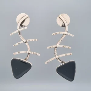 Modernist Fishbone Earrings with Black Onyx