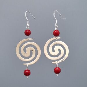 Spiral Earrings with Two Red Coral Spheres