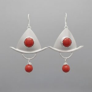 Modern Crescent & Triangle Earrings With Red Coral