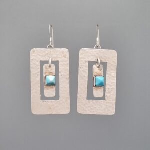 Turquoise-Centered Hammered Rectangle Earrings