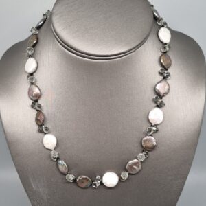 Grey & White Coin Pearl and Crystal Statement Necklace